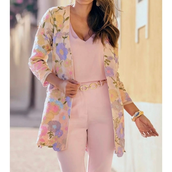Boston Proper Jackets & Blazers - Pastel Floral Embroidered Duster Jacket